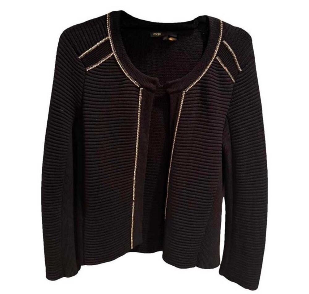 Maje Meridien Knit Cardigan Women's Size 2 Gold Crystal Banding French Parisian